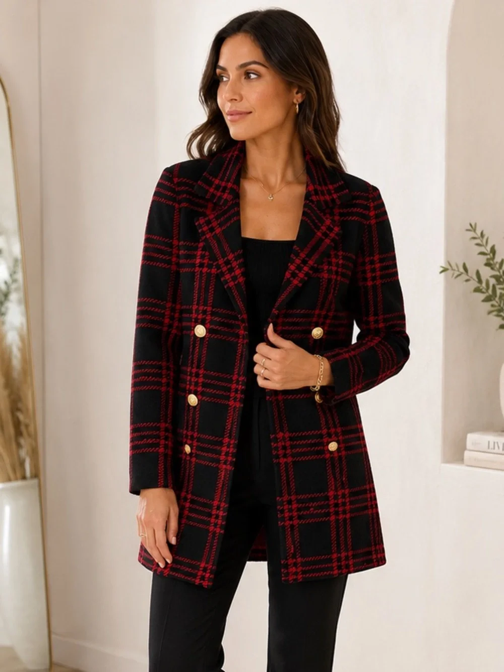 Anne Klein Red Black Plaid Double Breasted Knit Blazer Cardigan Size S